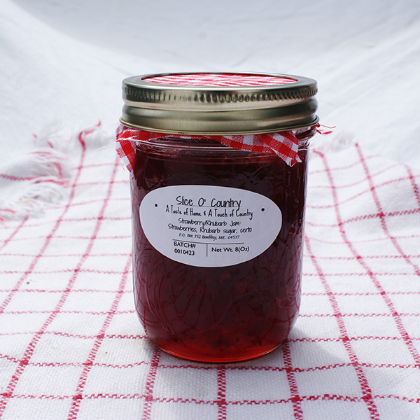 Jar of strawberry rhubarb jam.